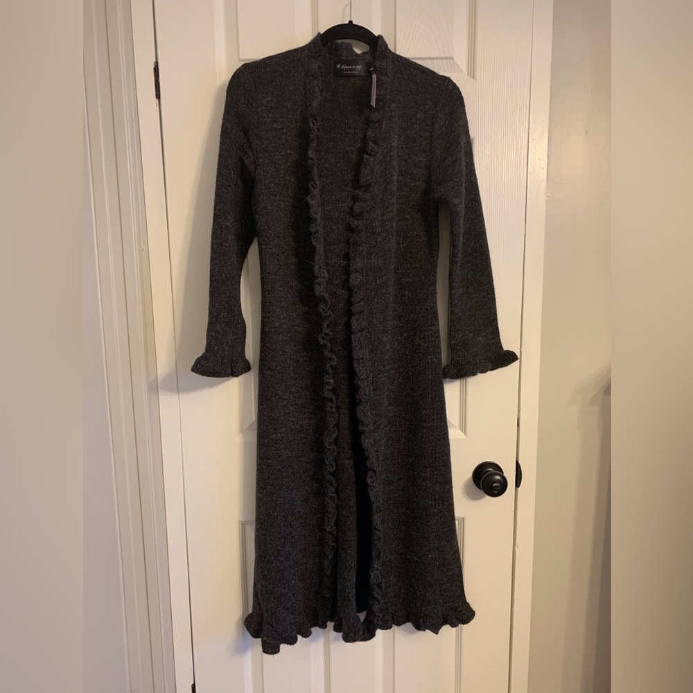 Grey alpaca ruffle long cardigan sweater